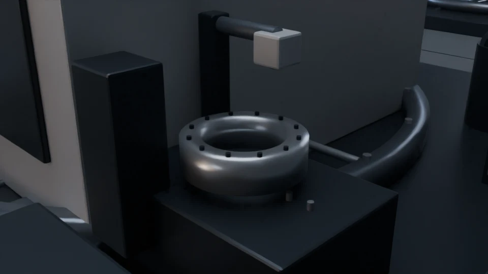 Original rendered bearing housing on a fixture beneath an inspection head.